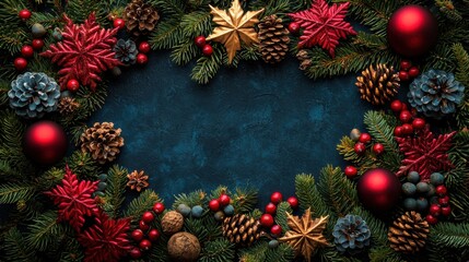 Festive Christmas Holiday Wreath with Pine Branches Pinecones Berries and Ornaments on Dark Background