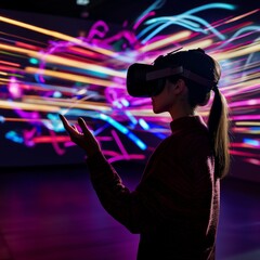 A young woman experiencing virtual reality amidst vibrant light trails, showcasing the future of immersive technology.