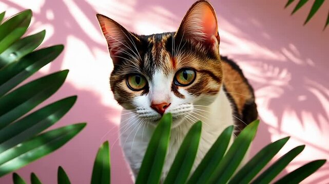 Captivating calico cat peeking green leaves