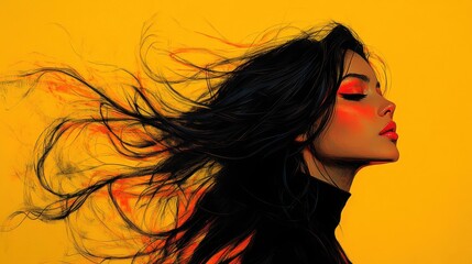 Trendy Woman Portrait with Flowing Hair and Vibrant Yellow Background
