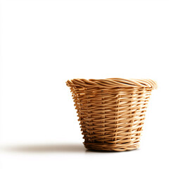 A stylish wicker basket showcased in a minimalist studio setting highlights craftsmanship and design. On white background