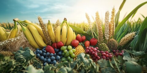 Fototapeta premium Vibrant Display of Fresh Fruits and Grains Arranged in a Lush Agricultural Field Under a Bright Sky with a Warm Sunset Glow
