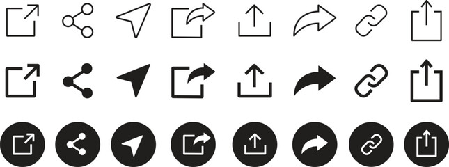 share icon set. Share arrow link connection icon black flat and line vector collection isolated on transparent background. External link web chain open link to attached website. Network sharing sign.