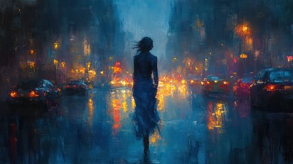 Fototapeta premium Woman in Flowing Blue Garment in Serene Twilight Street Scene