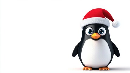 Fototapeta premium Cute Cartoon Penguin in Santa Hat Celebrating Christmas Holiday