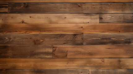 Naklejka premium A rustic wooden surface featuring a variety of brown tones and textures. The planks are arranged horizontally, showcasing natural imperfections such as knots and grain patterns, adding character.