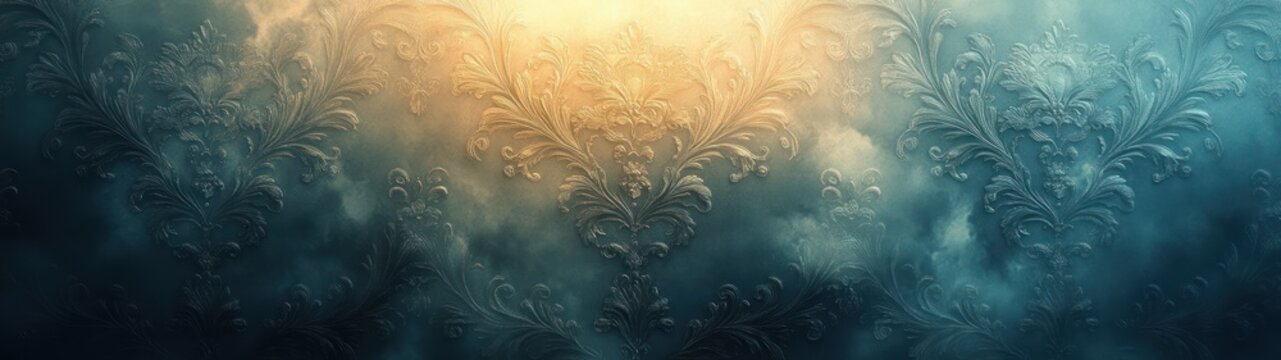 Turquoise vintage wallpaper texture with damask floral pattern seamless background in retro arabesque style