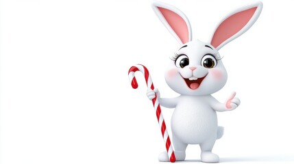 Fototapeta premium Cheerful Cartoon Rabbit with Candy Cane in Hand Celebrating Christmas Holiday