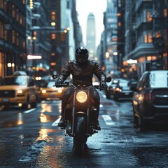 A male biker in a leather jacket rides through a rainy city street at night, exuding a sense of adventure and freedom.