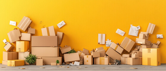 vibrant scene of stacked cardboard boxes and envelopes against yellow wall, creating lively