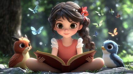 Enchanting forest adventure: little girl reading to woodland friends and butterflies