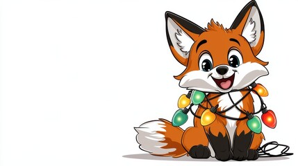 Fototapeta premium Cute Cartoon Fox Sitting with Christmas Lights Wrapped Around Its Body
