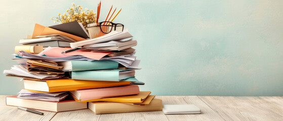 cluttered stack of colorful papers and books on wooden desk