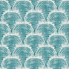 Teal turquoise blue white shell motif with linen seamless batik border background. Modern coastal beach cottage rustic shell block print home decor pattern design in sealife banner beach style.