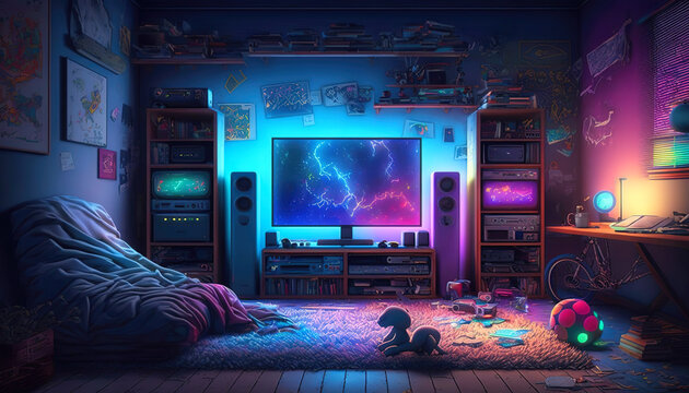 Bedroom with TV and Sound System, Neon ilumination, Illustration