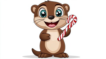 Obraz premium Cute Cartoon Bear Holding a Candy Cane in a Festive Holiday Scene