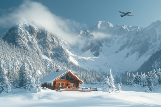 Cozy winter cabin nestled in snow with mountains and a plane overhead