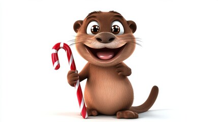Obraz premium Cute Meerkat Cartoon Character Holding Candy Cane in Winter Holiday