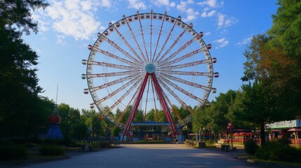 Ferris wheel in amusement park on sunny day.