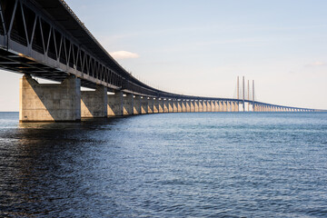 The Oresund bridge, seen from the swedish shore, is a railway and motorway cable-stayed bridge...