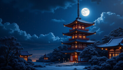 Fototapeta premium Illuminated pagoda under full moonlight with clouds and night city view