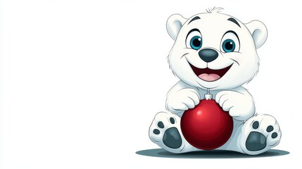 Naklejka premium Adorable Cartoon Polar Bear Holding a Red Christmas Ornament Ball
