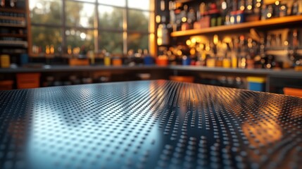 Obraz premium Metal Table Surface in Workshop with Blurred Background and Copy Space for Crafts and Tools in Studio