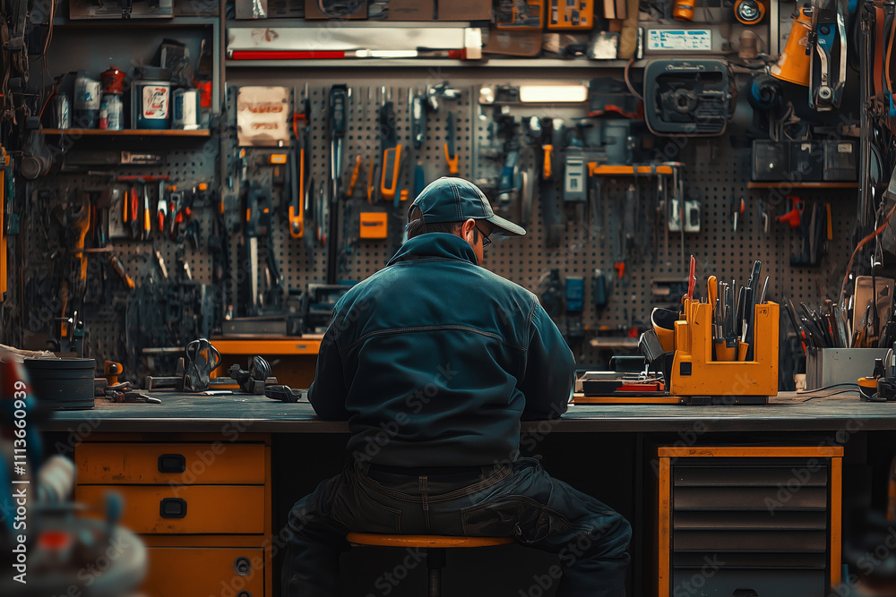 Poster Welder enjoying a moment of reflection in a bustling workshop