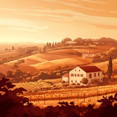 Obraz premium A beautiful golden sunset illuminates a tranquil vineyard landscape, showcasing rolling hills and quaint houses.