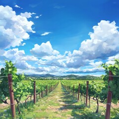 Naklejka premium Vast vineyard under a bright blue sky with fluffy clouds, offering a peaceful and picturesque landscape.
