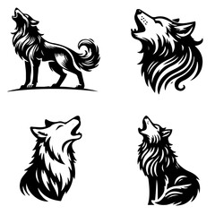Clean vector silhouette of wolf howling  in isolated white background. 