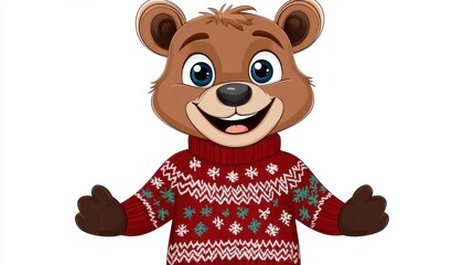 Fototapeta premium Cute Cartoon Bear Wearing Red Knitted Sweater with Winter Pattern
