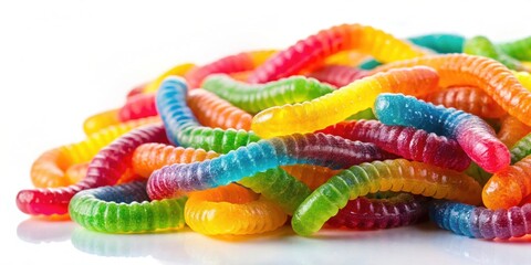Close-up of colorful gummy worm candies isolated on white background, gummy, worms, candies, colorful, sweet, soft, chewy