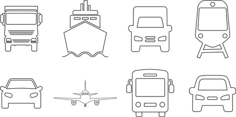 Commuter icon set. Traffic busy road black line vector collection isolated on transparent background. Public Transportation related. Minimal graphic bus Train Ship Ferry and auto sign symbol.
