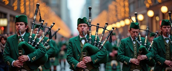 Bagpipers in green uniforms march on city street, St. Patrick's Day
