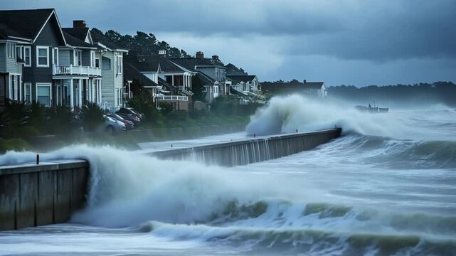 A hurricane storm surge slams into a coastal area, with waves breaching seawalls and flooding homes and streets, while fierce winds compound the devastation.