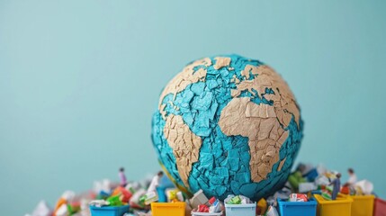 A globe surrounded by colorful trash bins symbolizes environmental issues and the importance of recycling on a planet facing pollution challenges.