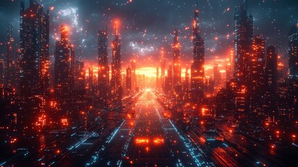 Obraz premium Mesmerizing Futuristic Megacity Skyline at Night with Glowing Neon Skyscrapers and Illuminated Cityscape