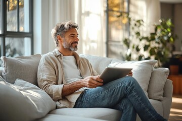 Happy middle aged man relaxing on light gray sofa using digital tablet at home in modern living room