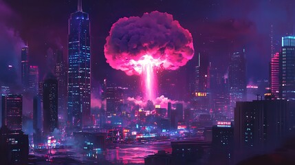 Obraz premium Neon City Apocalypse: Digital Painting of a Pink Nuclear Blast. AI Generated