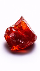 A stunning vibrant red crystal rock captured in macro photography showcasing nature's intricate beauty. On white background
