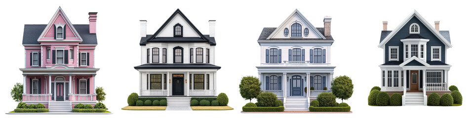 Obraz premium Collection of beautiful historic homes in a quaint picture perfect residential neighborhood featuring lush well manicured landscaping diverse architectural styles and classic vintage charm