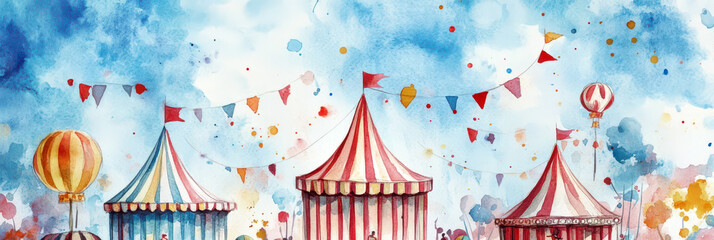 Obraz premium Vibrant celebration of world circus day with colorful tents and festive atmosphere. Horizontal banner. Copy space. Watercolor illustration