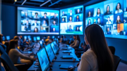 Modern workspace with video conference screens.
