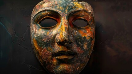 Ancient Painted Mask: Close-up of a richly colored, antique mask with intricate details, evocative of mystery and ancient civilizations.