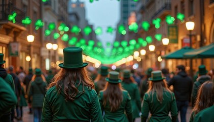 Fototapeta premium Festive crowd celebrates St. Patrick's Day on illuminated street