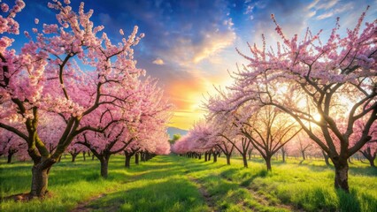 Beautiful spring landscape with blooming apricot trees and colorful spring flowers , nature, background, spring