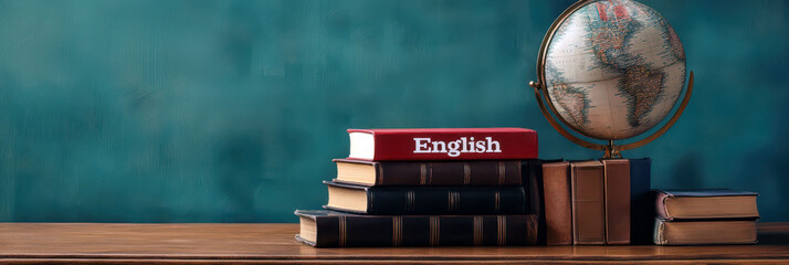 Celebrating English language day with books and a globe for education and learning. Horizontal banner. Copy space. International Mother Language Day. World book day