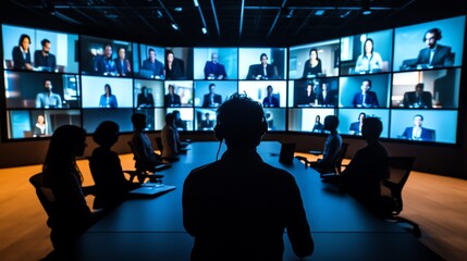 Virtual meeting room with multiple screens displayed.