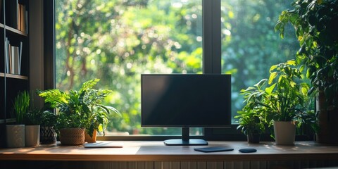Serene Home Office with Views of Potted Plants and Window